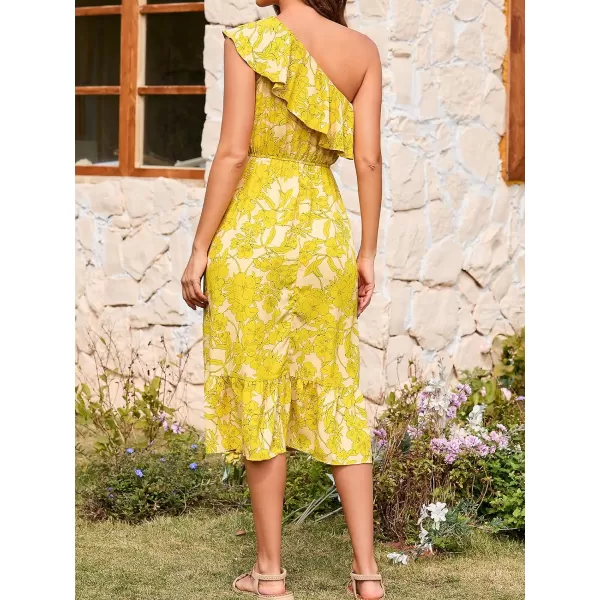 imageCUPSHE Womens Floral Print One Shoulder Ruffle Ankle Length DressYellow