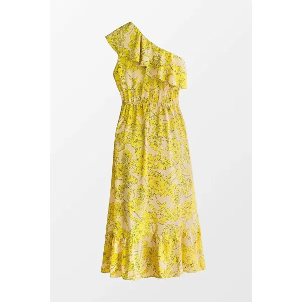 imageCUPSHE Womens Floral Print One Shoulder Ruffle Ankle Length DressYellow