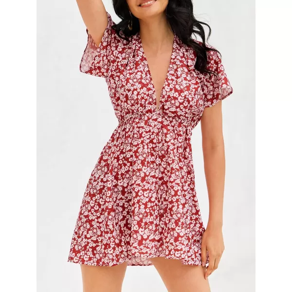 imageCUPSHE Womens Floral Print Plunging Mini Dress Aline Dress with Short SleevesRed Floral