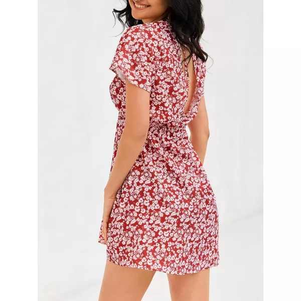 imageCUPSHE Womens Floral Print Plunging Mini Dress Aline Dress with Short SleevesRed Floral