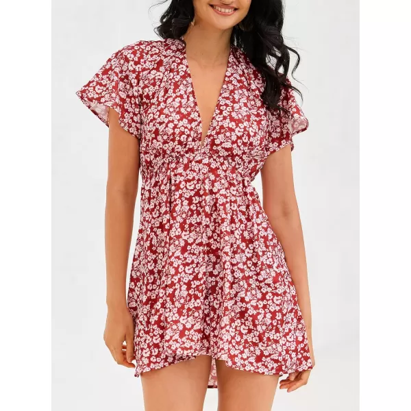 imageCUPSHE Womens Floral Print Plunging Mini Dress Aline Dress with Short SleevesRed Floral