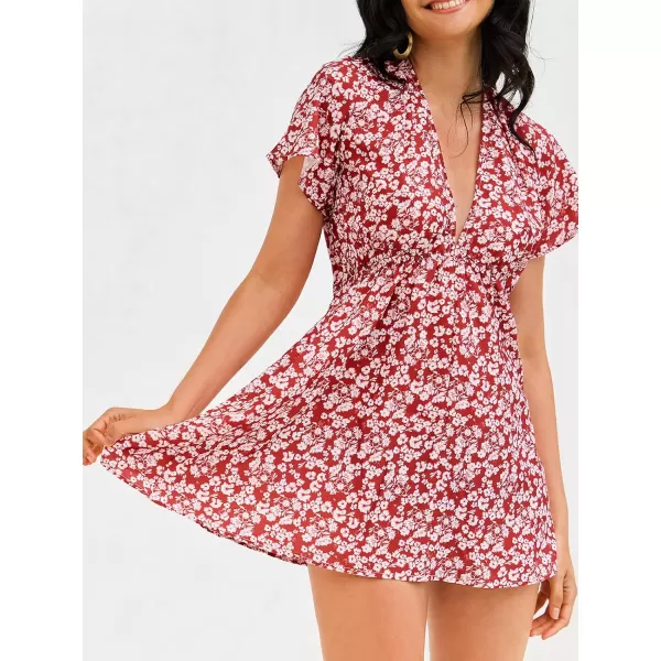 imageCUPSHE Womens Floral Print Plunging Mini Dress Aline Dress with Short SleevesRed Floral