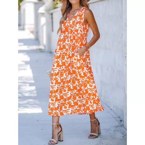 imageCUPSHE Womens Floral Print Ruffled Midi Dress VNeck Sleeveless Summer DressOrange Floral