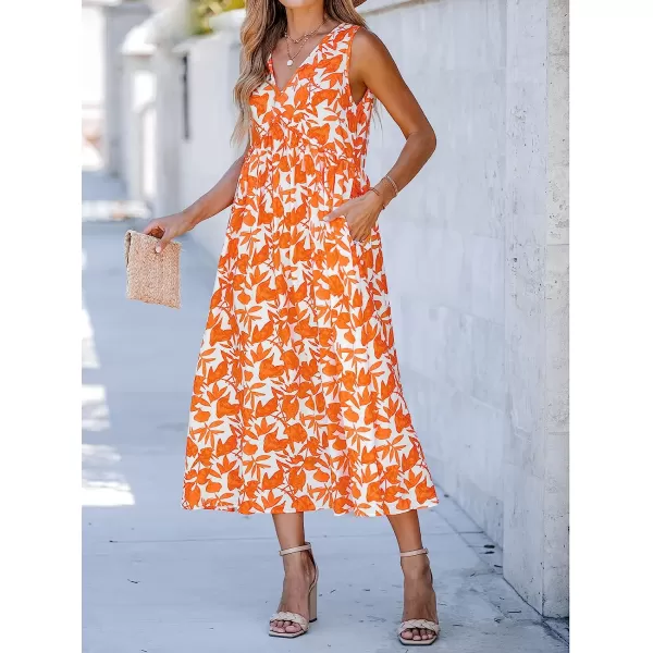 imageCUPSHE Womens Floral Print Ruffled Midi Dress VNeck Sleeveless Summer DressOrange Floral