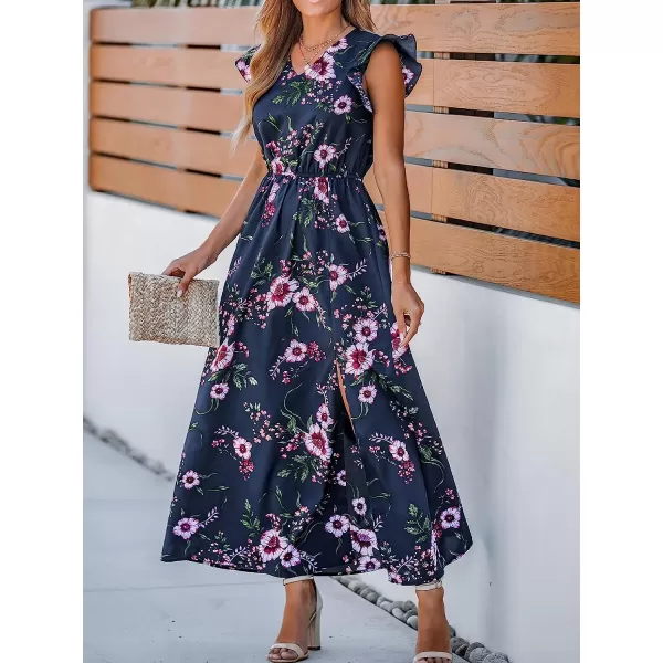 imageCUPSHE Womens Floral Print Ruffled Sleeve Maxi Dress VNecked Summer DressNavy Floral
