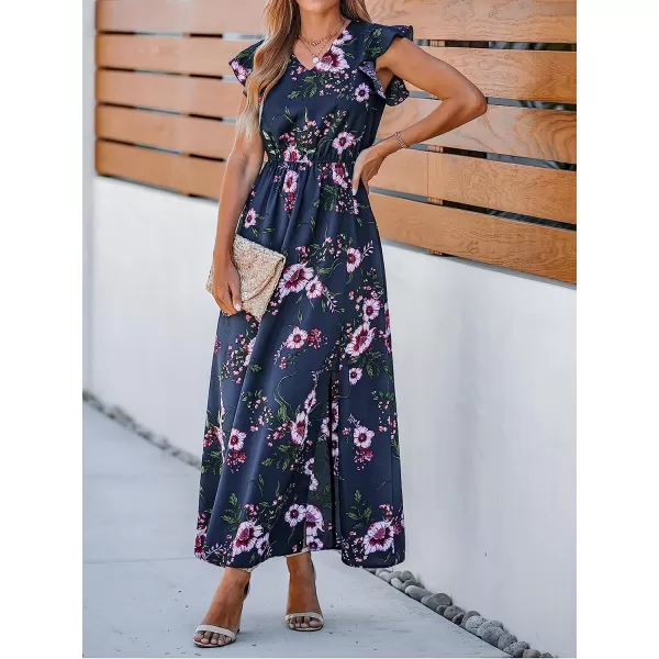 imageCUPSHE Womens Floral Print Ruffled Sleeve Maxi Dress VNecked Summer DressNavy Floral