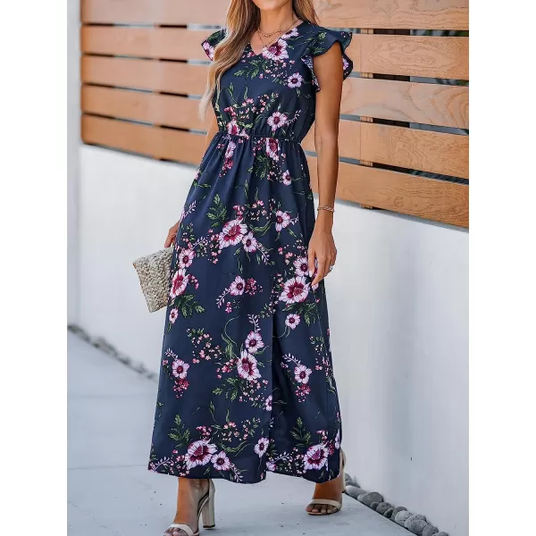 imageCUPSHE Womens Floral Print Ruffled Sleeve Maxi Dress VNecked Summer DressNavy Floral