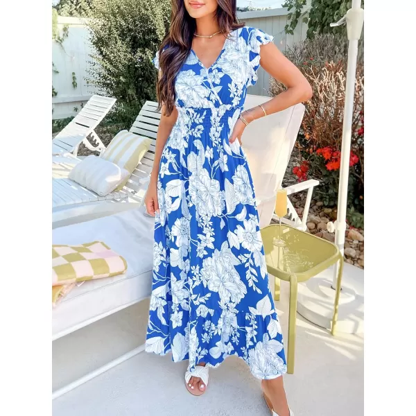 imageCUPSHE Womens Floral Print Ruffled Smocked Maxi Dress VNeck Smocked Dress SleevelessBlue Floral