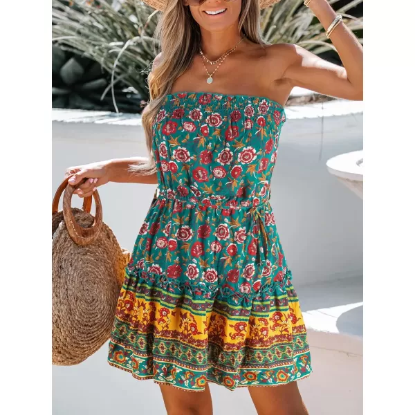 imageCUPSHE Womens Floral Print Smocked Tube Dress Sleeveless Short Lenght Dresses Casual SummerGreen