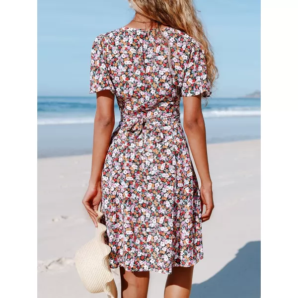 imageCUPSHE Womens Floral Print V Neck Flared Short Sleeves Button Knee Length DressMulticoloured