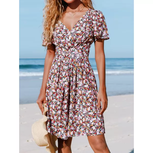 imageCUPSHE Womens Floral Print V Neck Flared Short Sleeves Button Knee Length DressMulticoloured