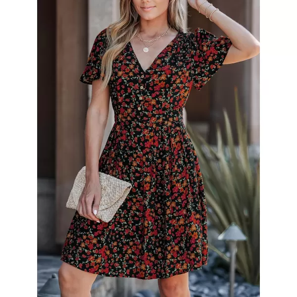 imageCUPSHE Womens Floral Print V Neck Flared Short Sleeves Button Knee Length DressOrange Floral