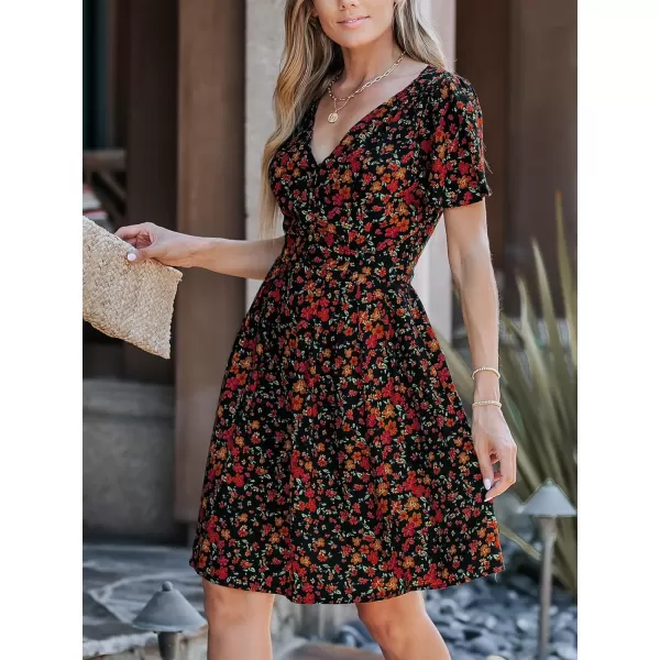 imageCUPSHE Womens Floral Print V Neck Flared Short Sleeves Button Knee Length DressOrange Floral