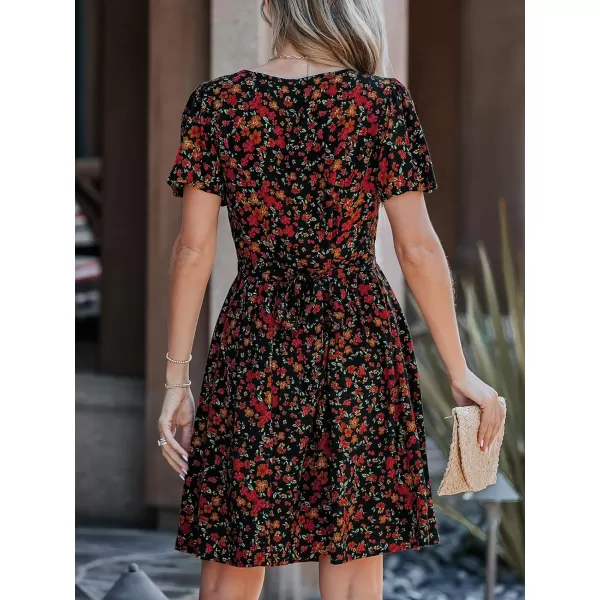 imageCUPSHE Womens Floral Print V Neck Flared Short Sleeves Button Knee Length DressOrange Floral