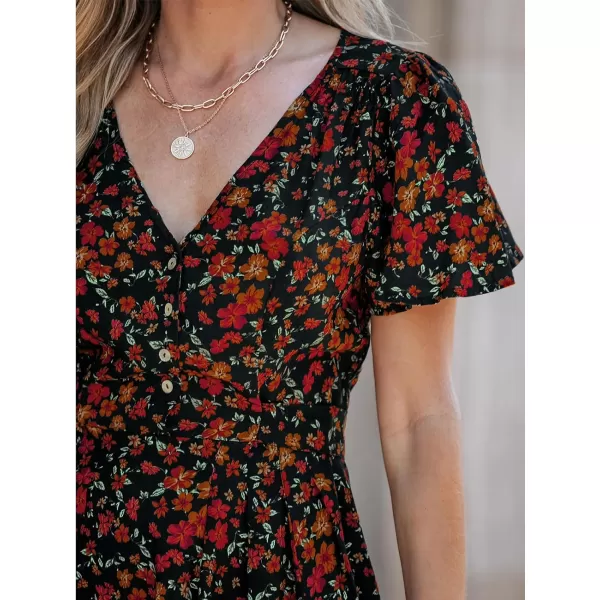 imageCUPSHE Womens Floral Print V Neck Flared Short Sleeves Button Knee Length DressOrange Floral