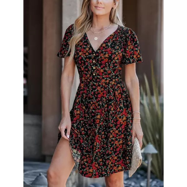 imageCUPSHE Womens Floral Print V Neck Flared Short Sleeves Button Knee Length DressOrange Floral
