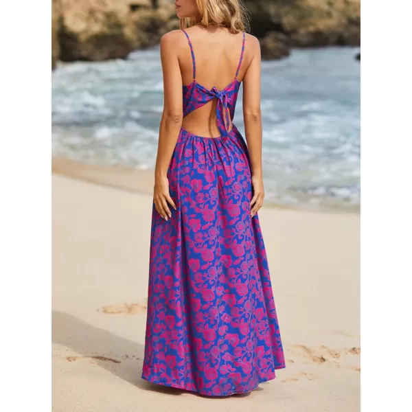 imageCUPSHE Womens Floral Print V Neck Sleeveless Long Dress Adjustable Cami Maxi DressBlue Floral