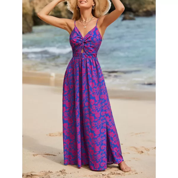 imageCUPSHE Womens Floral Print V Neck Sleeveless Long Dress Adjustable Cami Maxi DressBlue Floral