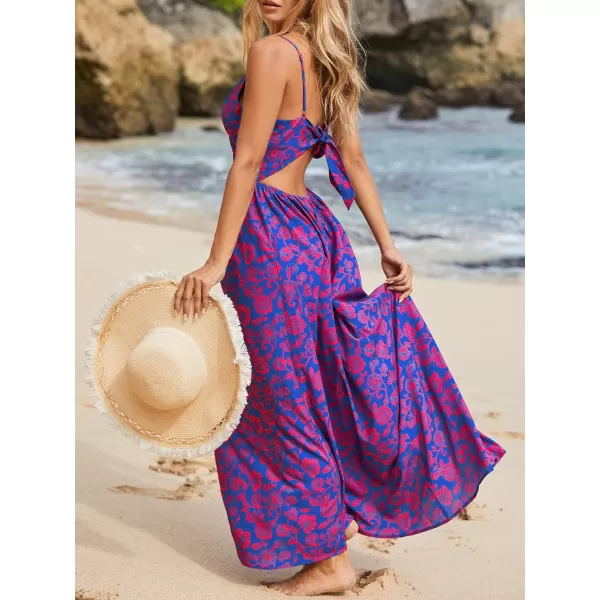 imageCUPSHE Womens Floral Print V Neck Sleeveless Long Dress Adjustable Cami Maxi DressBlue Floral
