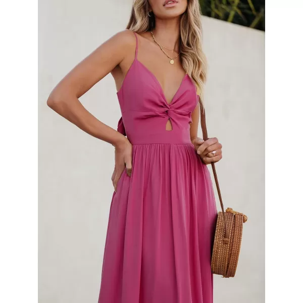 imageCUPSHE Womens Floral Print V Neck Sleeveless Long Dress Adjustable Cami Maxi DressHot Pink