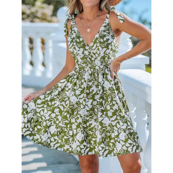 imageCUPSHE Womens Floral Ruffle Dress Plunge V Neck Shoulder Tie Sleeveless A Line Summer DressesOlive