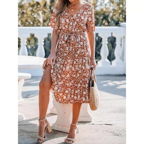 imageCUPSHE Womens Floral Short Sleeve Dress V Neck Tie Waist Surplice Maxi Summer DressesRed Floral