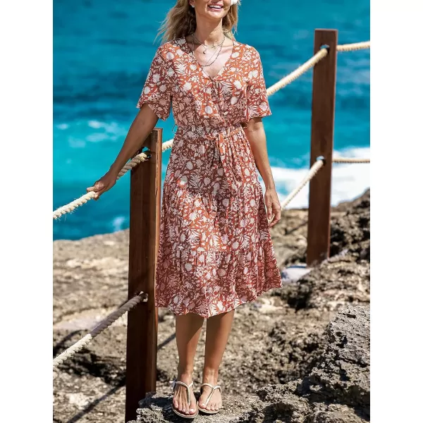 imageCUPSHE Womens Floral Short Sleeve Dress V Neck Tie Waist Surplice Maxi Summer DressesRed Floral