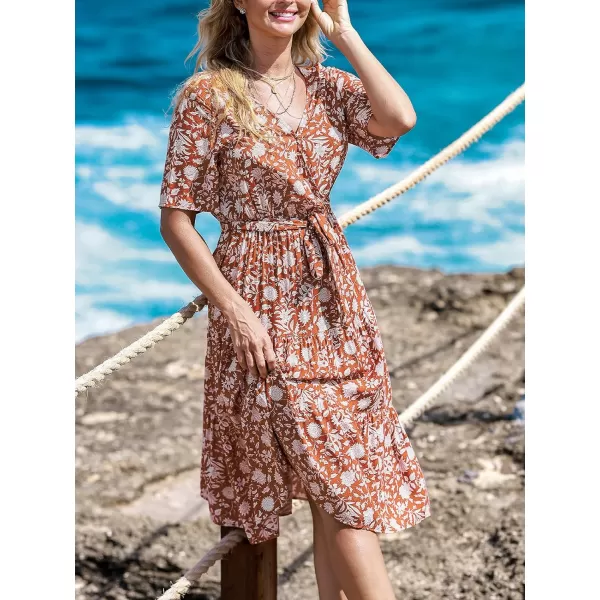 imageCUPSHE Womens Floral Short Sleeve Dress V Neck Tie Waist Surplice Maxi Summer DressesRed Floral
