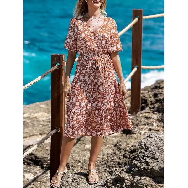imageCUPSHE Womens Floral Short Sleeve Dress V Neck Tie Waist Surplice Maxi Summer DressesRed Floral