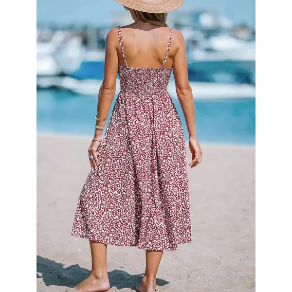imageCUPSHE Womens Floral Smocked Midi Dress Sleeveless Ruffled Dress with Cami StrapsRed