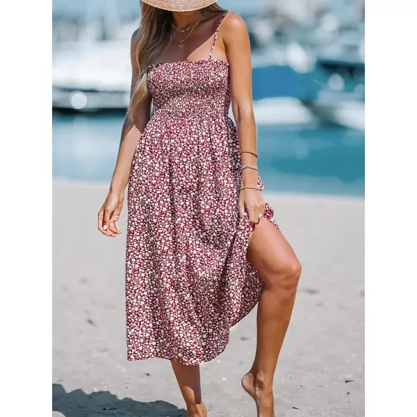 imageCUPSHE Womens Floral Smocked Midi Dress Sleeveless Ruffled Dress with Cami StrapsRed