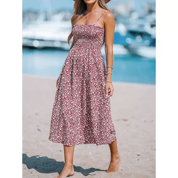 imageCUPSHE Womens Floral Smocked Midi Dress Sleeveless Ruffled Dress with Cami StrapsRed