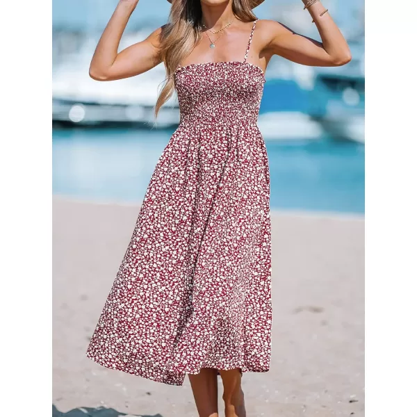 imageCUPSHE Womens Floral Smocked Midi Dress Sleeveless Ruffled Dress with Cami StrapsRed