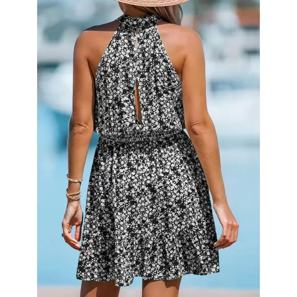 imageCUPSHE Womens Floral Smocked Mini Dress Sleeveless Short Lenght Mock Neck Dresses Casual SummerBlack