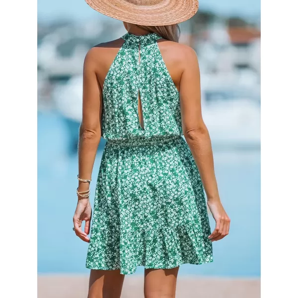 imageCUPSHE Womens Floral Smocked Mini Dress Sleeveless Short Lenght Mock Neck Dresses Casual SummerGreen