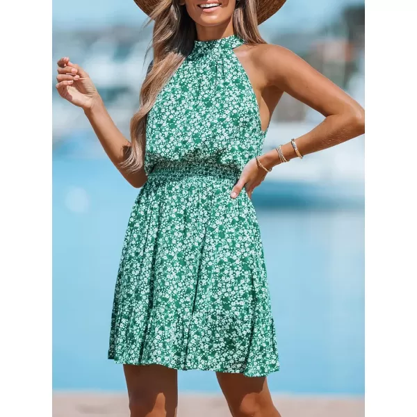 imageCUPSHE Womens Floral Smocked Mini Dress Sleeveless Short Lenght Mock Neck Dresses Casual SummerGreen