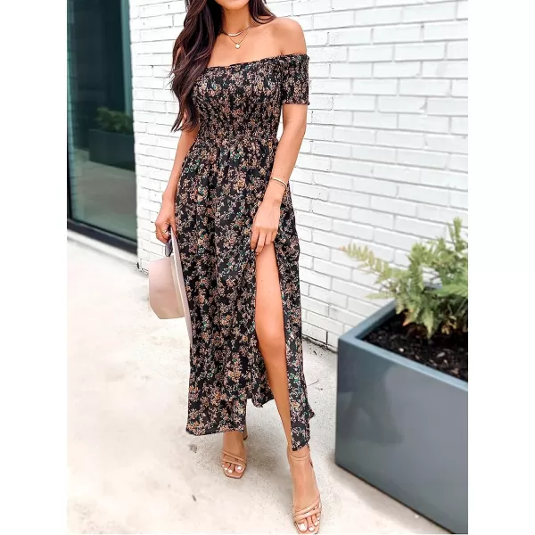 imageCUPSHE Womens Floral Smocked OffTheShoulder Dress Maxi Summer DressBlack Floral