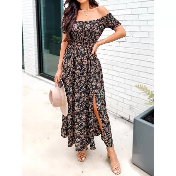 imageCUPSHE Womens Floral Smocked OffTheShoulder Dress Maxi Summer DressBlack Floral