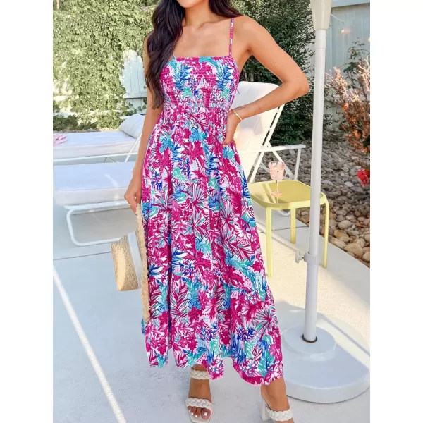 imageCUPSHE Womens Floral Tropical Leaf Print Maxi Dress Casual A Line Smocked Summer Long DressFuchsia
