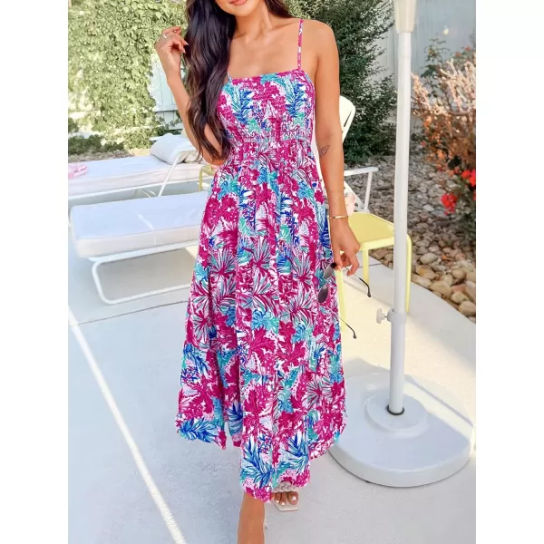 imageCUPSHE Womens Floral Tropical Leaf Print Maxi Dress Casual A Line Smocked Summer Long DressFuchsia