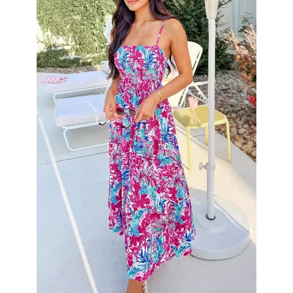 imageCUPSHE Womens Floral Tropical Leaf Print Maxi Dress Casual A Line Smocked Summer Long DressFuchsia