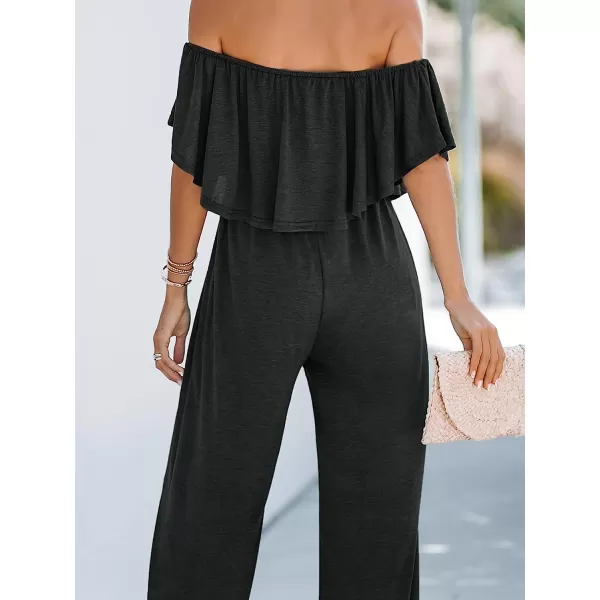 imageCUPSHE Womens Flounce Off the Shoulder Romper Short Sleeve Ruffle Jumpsuit Romper Wide Leg OutfitBlack