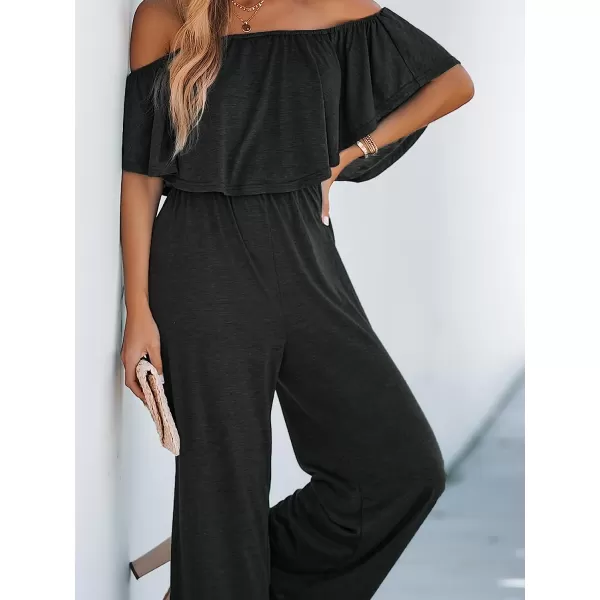 imageCUPSHE Womens Flounce Off the Shoulder Romper Short Sleeve Ruffle Jumpsuit Romper Wide Leg OutfitBlack