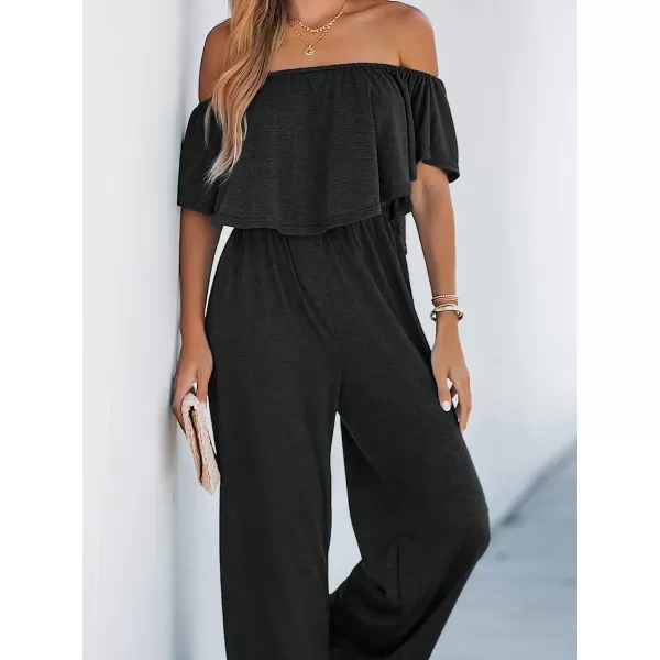 imageCUPSHE Womens Flounce Off the Shoulder Romper Short Sleeve Ruffle Jumpsuit Romper Wide Leg OutfitBlack