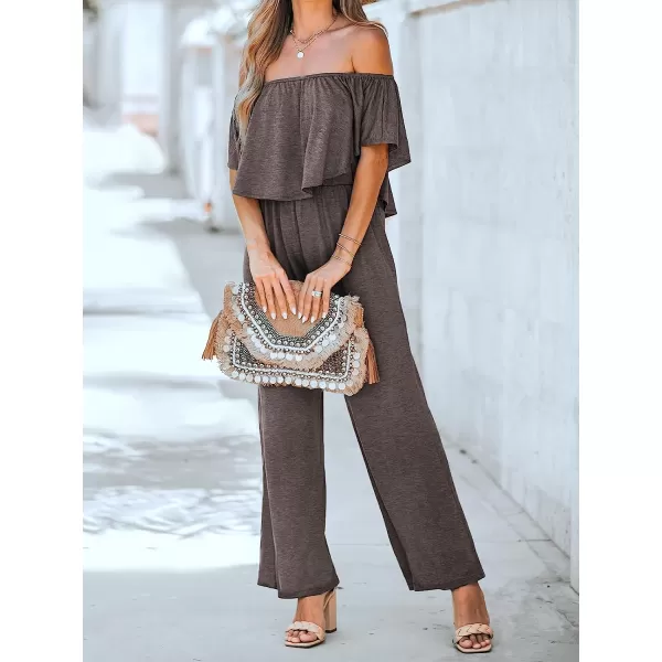 imageCUPSHE Womens Flounce Off the Shoulder Romper Short Sleeve Ruffle Jumpsuit Romper Wide Leg OutfitBrown
