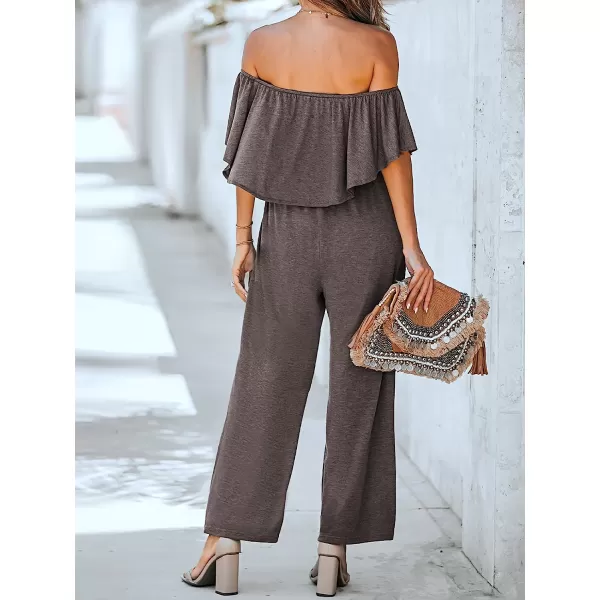 imageCUPSHE Womens Flounce Off the Shoulder Romper Short Sleeve Ruffle Jumpsuit Romper Wide Leg OutfitBrown