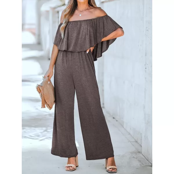 imageCUPSHE Womens Flounce Off the Shoulder Romper Short Sleeve Ruffle Jumpsuit Romper Wide Leg OutfitBrown