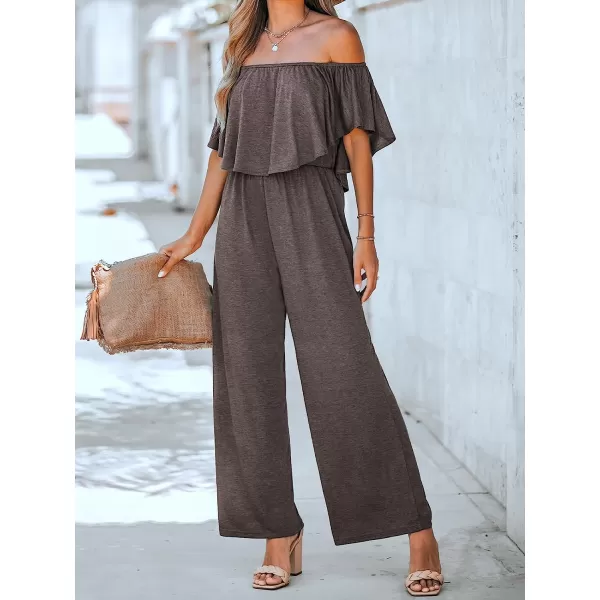 imageCUPSHE Womens Flounce Off the Shoulder Romper Short Sleeve Ruffle Jumpsuit Romper Wide Leg OutfitBrown