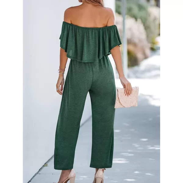 imageCUPSHE Womens Flounce Off the Shoulder Romper Short Sleeve Ruffle Jumpsuit Romper Wide Leg OutfitGreen