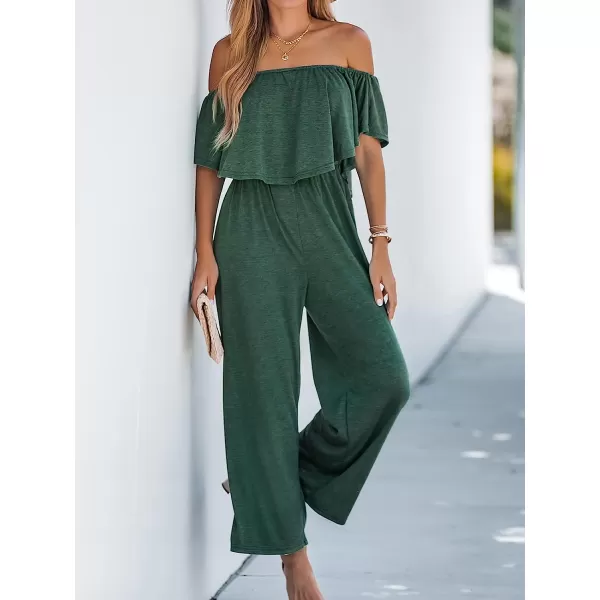 imageCUPSHE Womens Flounce Off the Shoulder Romper Short Sleeve Ruffle Jumpsuit Romper Wide Leg OutfitGreen
